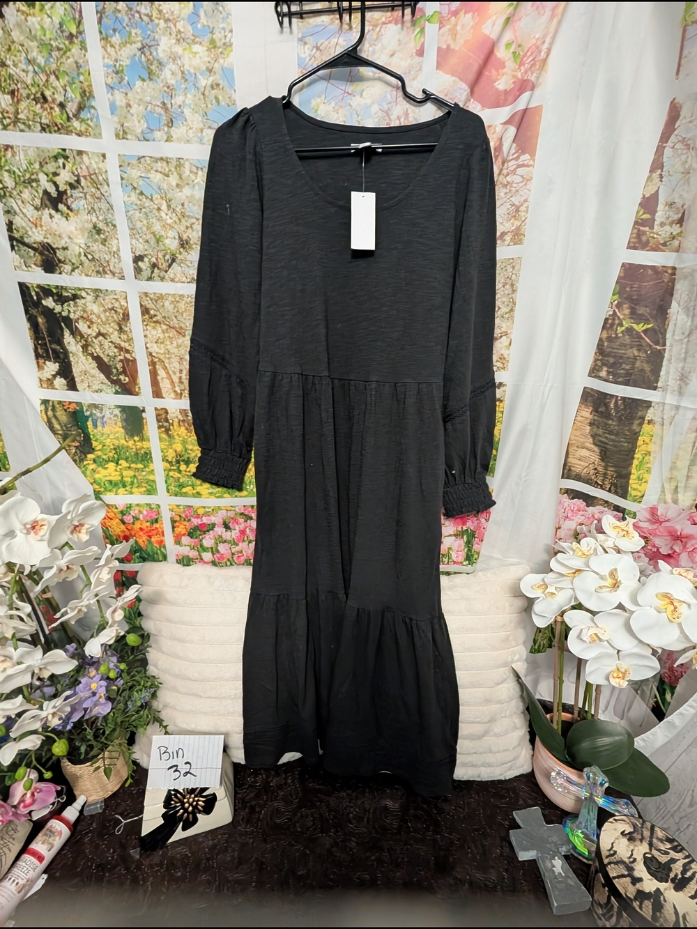 Women's Black Long Sleeve Tiered Maxi Dress